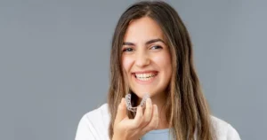 A smiling woman holds a clear Invisalign aligner in Las Vegas, NV